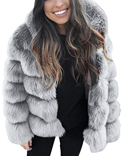TDEOK fuskpäls jacka dam långärmad pälskappa fuskpäls pälsrock vinter fuskpäls jacka elegant kappa varm pälsjacka pälsrock vinter fuskpäls rock vinterjacka pälsjacka, GRÅ, L