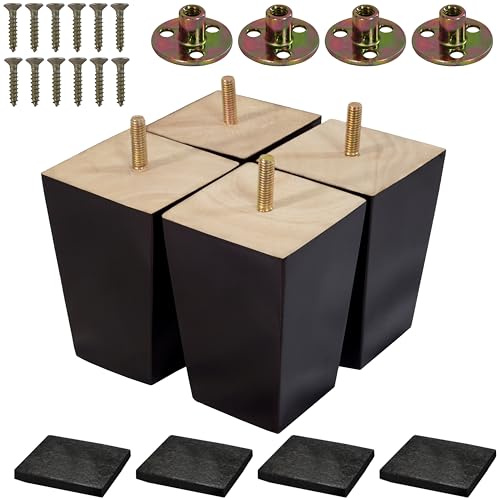BARIEN (5 Sizes: 3-4-5-6-8) 4 inch Wood Furniture Legs - Square Sofa Legs, Couch Leg - Brown Mid-Century Modern Replacement Legs for Armchair Recliner Coffee Table Dresser (4 - Set 4)