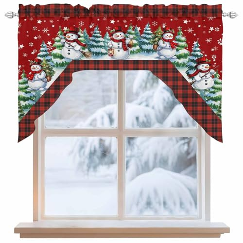 BEMIGO Christmas Cute Snowman Curtain Valance for Window, Farmhouse Swag Curtains, Xmas Tree Valance for Kitchen Bathroom Bedroom, Rod Pocket Window Valance Curtains Over Sink 56 W x 36 L