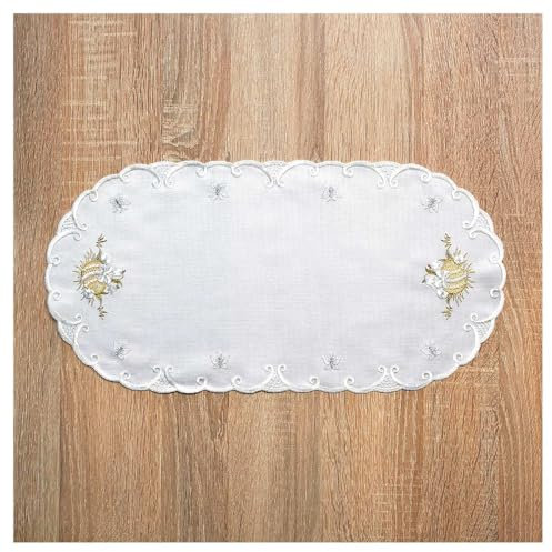 DSD Design-Studio Drechsler Besticktes Deckchen Osterüberraschung aus Echter Plauener Spitze Tischdecke oval mit Ostereiern und Schmetterlingen 45 x 22 cm