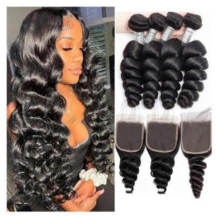 Haarverlängerungen 10–40 Zoll lose gewellte Bundles mit Verschluss, brasilianisches Echthaar, natürliche schwarze gewellte, lockige Remy-Haarverlängerungen mit Spitzenfront Echthaarbündel (Size : 6