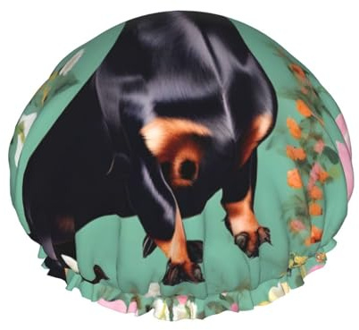 Grand bonnet de douche à imprimé floral teckel, bandeau élastique, double couche imperméable pour le bain, pour homme et femme