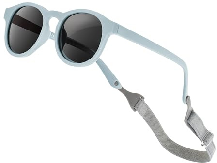 AEUNIV Occhiali da sole per neonato con cinghia, montatura rotonda in stile retrò, flessibili, polarizzati, UV400, per neonati, neonati, ragazze, ragazzi, età 0-24 mesi, Blu Opacizzato