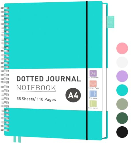 RETTACY A4 Spiral Notebook, Dotted Journal, 110 Pages, Turquoise | Flexible Plastic Cover Notepad, 100 GSM Thick Bullet Paper, for Women Men Work Office School - 21.5 × 27.9 cm