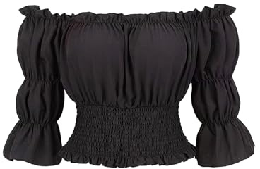 OBEEII Camicetta vittoriana da donna con volant, camicetta rinascimentale a maniche corte, top smocked a vita medievale, per carnevale, Halloween, pirata, Nero , S