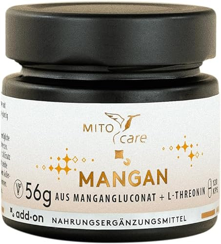 MITOcare Mangan - hochdosiert - 3mg Mangan pro Kapsel + L-Threonin - Komplex unterstützt das Bindegewebe - vegan - 4 Monatspackung mit 120 Kapseln - Produziert in Deutschland