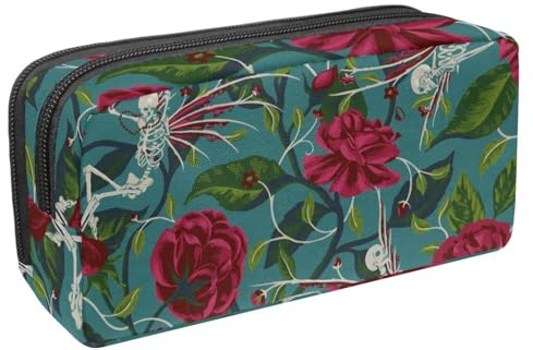 Eslifey Pencil Case, Red Rose Skeleton Skull Dance Large Capacity Pencil Pouch Stationery Pen Bag