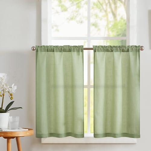 Vangao Cortina Cocina Sólido Verde Aspecto de Lino Cortinas Cortas Ventana Salon Dormitorio Habitación Moderna 65 x 90 cm 2 Piezas Medias Cortinas Interior Comedor para Bolsillo para Barra