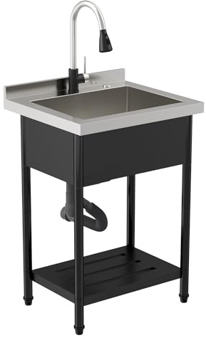 Sarlai Utility Sink Stainless Steel Freestanding Commercial Restaurant Kitchen Sink Outdoor Sinks Single Bowl Laundry Utility Kitchen Sinks With Faucet for Garage Outdoor Indoor Basin