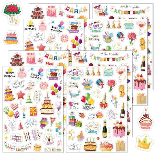 Woobroo Kit de 8 Láminas de Pegatinas de Cumpleaños, 240+ Adhesivos para Scrapbook, 4 Diseños Feliz Cumpleaños, Decoración DIY Fiestas para Adultos y Niños