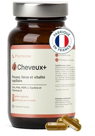 Phytocea Cheveux + Complément Pousse & Fortification Capillaire | Ortie, MSM, Prêle, Zinc, Vitamines B5 B6 B8 | Anti-Chute Soin Naturel Homme & Femme | 90 Gélules Vegan
