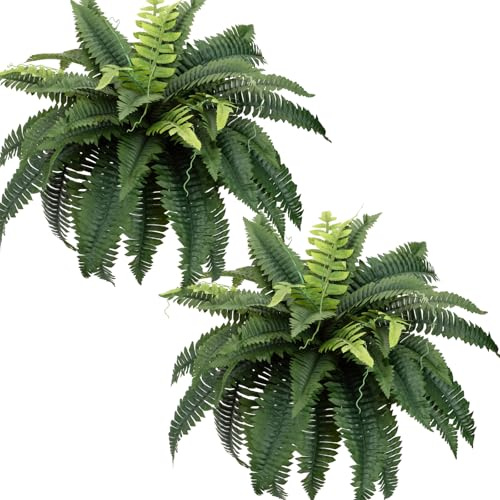 2PCS Full & Lifelike Artificial Boston Ferns, 30 UV Resistant Fake Fern Plants for Outdoors, 46 Fronds Each (92 Total) Faux Fern for Hanging Planters, Porch, Patio Poolside Indoor Outside Decor