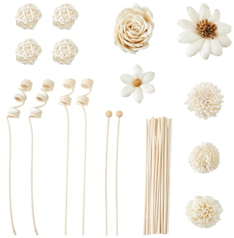 SUPERFINDINGS Set di 56 pezzi per diffusore a steli con 44 bastoncini di fiori in rattan naturale, decorazione profumata per casa, ufficio, bagno, camera da letto