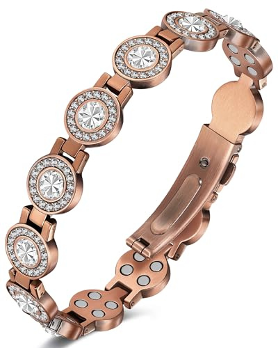Jeracol Copper Bracelets for Women, Magnetic Bracelet with 4pcs Magnets Each Link&Circular-Cut Crystals, 99% pure copper, Jewelry Gift(Copper)