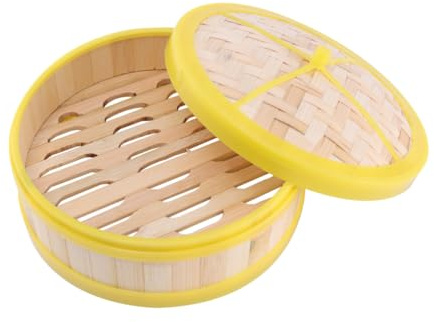 MOLUCKFU Vaporera de Bambú de 20 CM con Tapa y Borde Plástico Amarillo para Cocinar Dim Sum Bollos y Verduras al Vapor Vaporera Nivel para Cocina China y Uso Doméstico