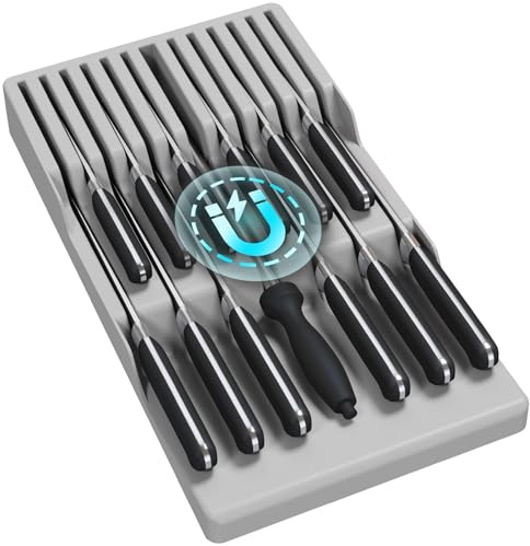 Lifewit Magnetic Drawer Knife Organizers Insert, Kitchen Plastic In Drawer Knife Block Slots, Steak Chefs Knives Holder Storage Sets for 12 Knives and 1 Sharpening Steel, Large, Gray