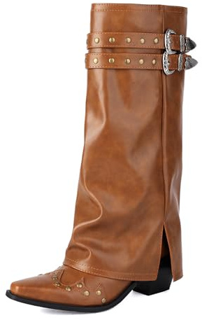 MiaZane Stivali Western Borchiati Ginocchio Alto con Doppio Cinturino Fibbia Punta Affusolata Tacco Blocco Pelle Sintetica per Moda Punk Rock,Giallo,43 EU