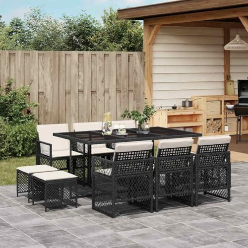 RMIHSJG 11-TLG. Gruppo da giardino con cuscino in polyrattan nero, sedie pieghevoli e sgabelli per risparmiare spazio, tavolo da esterno con piano in vetro temperato, impermeabile