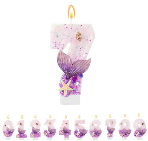 TESGADGETS Velas Lilas con número 7, Vela de cumpleaños de Sirena, Adorno para Tarta de 7 cumpleaños, Decoraciones para Cupcakes, Decoraciones de Fiesta, Accesorios para Celebraciones de Aniversario