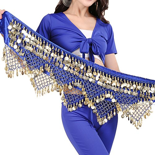 Wuchieal Women's Sweet Bellydance Hip Scarf with Gold Coins Skirts Wrap Noisy Dark Blue