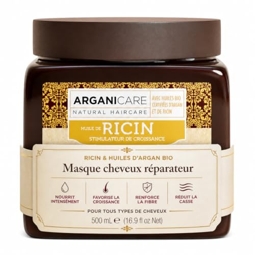 ARGANICARE Masque Cheveux Huile de Ricin Bio & Argan 500 ml – Soin Hydratant Réparateur pour Cheveux Secs et Abîmés, Anti-Casse, Aide à la Pousse, Brillance & Douceur
