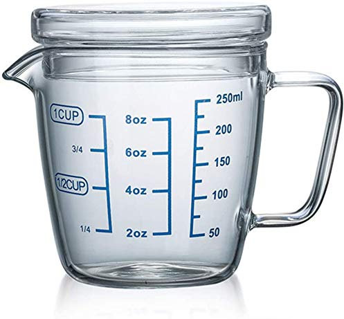 Verre Doseur Tasse à Mesureur en Verre Bécher Bec en V Cup Pichet Mesureur Liquide Résistant Chaleur Mug Gradué Transparent Broc Mesureur Cuisine Micro-ondes avec Couvercle pour Lait Café Thé (250ML)