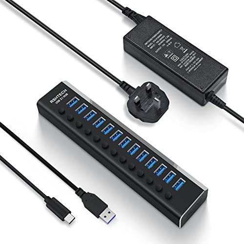 RSHTECH Powered USB Hub 72W 13 Ports USB 3.1/3.2 Gen 2 Hub (10Gbps) Aluminum USB Splitter with 12V/6A Power Supply, On/Off Switches and USB Type A & C Cable, RSH-A13
