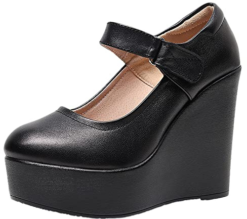 Jamron Dam Hög Plattform 11.5CM Kilklack Mary Jane Skor Kardborreband Läderpumps med Ankelrem Svart SN070281-3 EU38.5