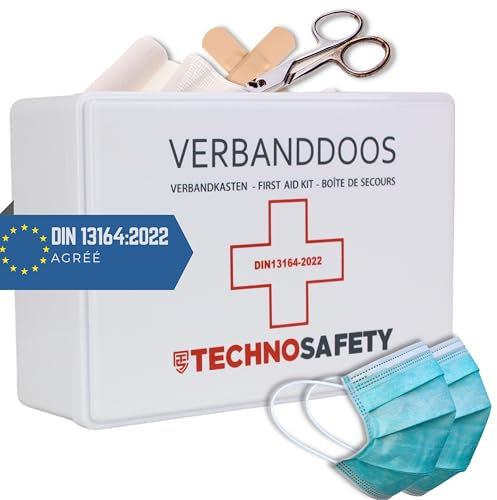 Technosafety Erste-Hilfe-Set DIN13164-2022 + Wandhalterung - Auto Verbandskasten - Erste-Hilfe-Set - europaweit einsetzbar