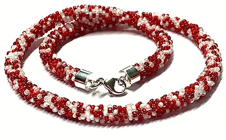 Kette 925 Silber Verschluß Glasperlen Häkelkette weiß rot Handarbeit Unikatschmuck 50cm
