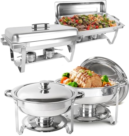 IMACONE Chafing Dish Buffet Set 4 Pack, 8 QT Rectangle & 5QT Round Stainless Steel Chafer for Catering, Chafers and Buffet Warmer Sets w/Food & Water Pan, Lid, Fuel Holder for Event Party Holiday