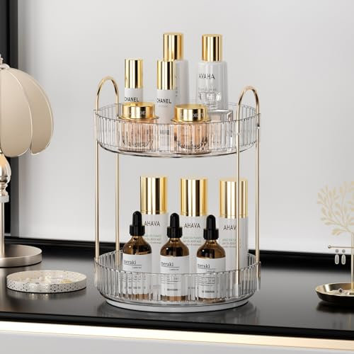 UNICOMVSX Rotierender Make up Organizer für den Schminktisch, Drehbare Kosmetikaufbewahrung(2 Stufe, Transparente)