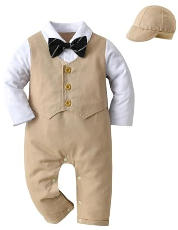 Lito Angels smoking sparkbyxor bodys onepiece gentleman bröllopskostym med hatt för baby pojkar, svart khaki, Khaki (med fast fluga), 12-18 månader