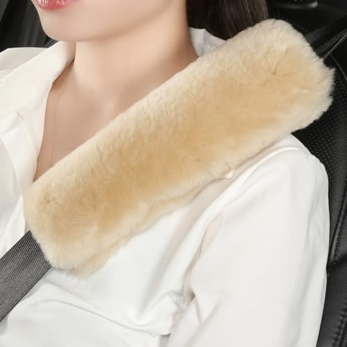 AOGELAN 2 Pack Fluffy Fuzzy Genuine Sheepskin Car Seat Belt Cover, Seatbelt Cushion for Soft Auto Lambswool Shoulder Strap Cushion Adults (2, Bamboo)