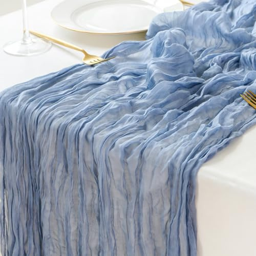 Sioloc 1 Stück Staubiges Blau Mulltuch Tischläufer 90x300 cm Boho Gaze Läufer für Herbstdeko, Hochzeit, Party, Baby Bridal Shower, Geburtstags Tischdekoration