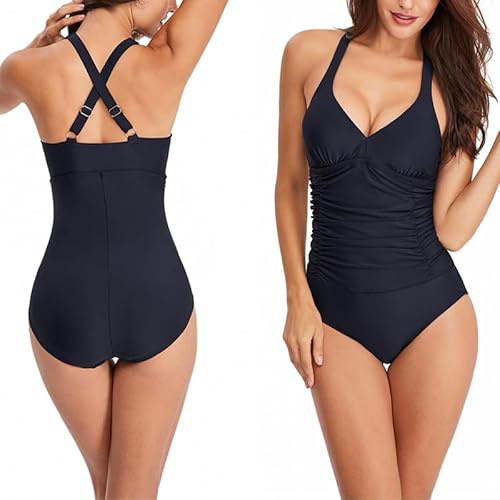 BSLVWG Costume Tummy Control Swimsuits for Women Slimming One Piece Bathing Suit Retro V Neck Ruched Push Up Vintage Padded Swimwear Beachwear (UK, Alpha, S, Regular, Regular, Black)