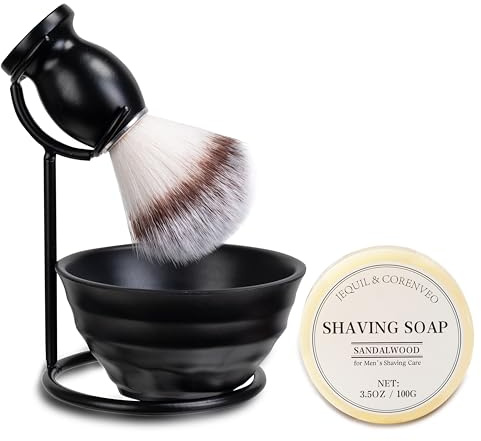 JEQUIL&CORENVEO Shaving Brush Set for Men, 4pcs Synthetic Shaving Brush with Shaving Soap, Stand and Shaving Bowl