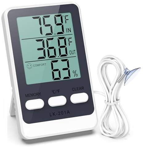 ORIA Digitales Kühlschrankthermometer, Mini Gefrierschrank Thermometer mit 1,5m Sonde, HD-Großbildschirm, Min/Max, Temperatur Luftfeuchtigkeit Tester für Kühlschrank, Gefrierschrank, Aquarium