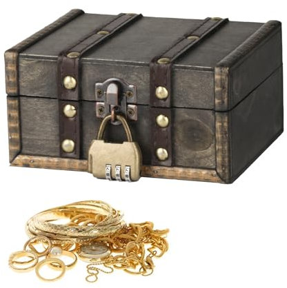 Scatola In Legno con Coperchio, Scrigno del Tesoro in Legno, Scatole di Legno, Scatole Pirata del Tesoro Vintage, Cassetta in Legno Portaoggetti con Lucchetto per Collane Orecchini, 15x12x7,5 cm