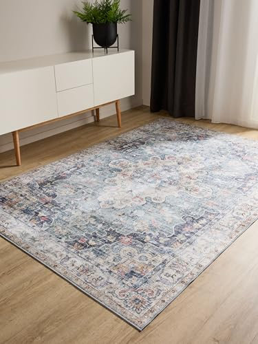 benuta Basic Waschbarer Teppich George - Blau 140x200 cm - Kunstfaser - Rechteckig & im Style: Vintage, Elegant, Retro - Pflegeleicht für Wohnzimmer Schlafzimmer