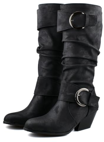 HQINGAXU Donna Stivali al Ginocchio Stretch con Punta Rotonda Stivali Invernali con Tacco Blocco Grosso Stivali A Scivolare Gambale Largo Cowboy Slouch Fibbia Equitazione,Nero,44 EU