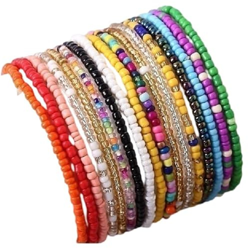 GANDC 17Pcs Elastic Beaded Handmade Bracelets Bohemian Stackable Beaded Stretch Bracelets Colorful Boho Beach Anket Bracelet Set Rainbow Handmade Seed Beach Bracelet Summer Jewelry for Women (Colors)