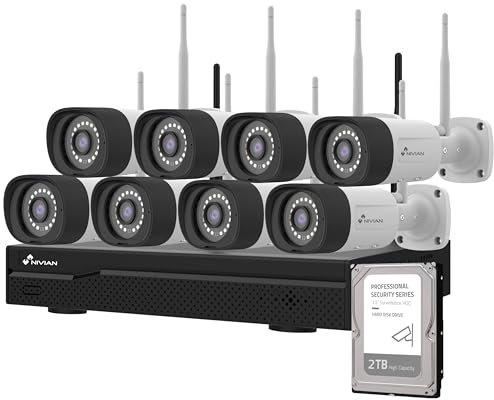 NIVIAN, Kit Caméras de Surveillance WiFi 2K Professionnel avec 8 Caméras IP, NVR 16 Canaux, Images Super HD, Détection Humaine IA, Vision Nocturne, Audio, HDMI, App EseeCloud, Enregistrement HDD