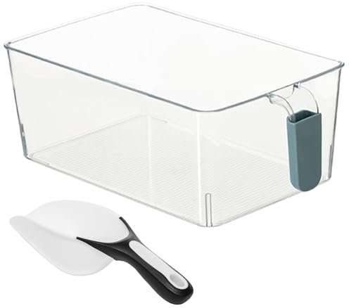 CUCUFA Ice Bin for Freezer with Scoop, Clear Plastic Storage Bin with Scoop, Clear Storage Bucket for Home, Plastic Freezer Ice with Pull out Handle