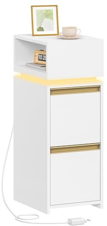 HEXCELEN Table de Chevet Étroite avec Lumière LED, Blanc