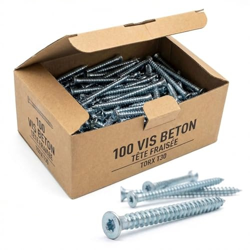 Lot de 100 Vis Béton tête fraisée Torx T30 - turbo spécial huisserie - diam. 7,5mm - Acier Zingué - Longueur 62 mm - Diamètre 7,5 mm