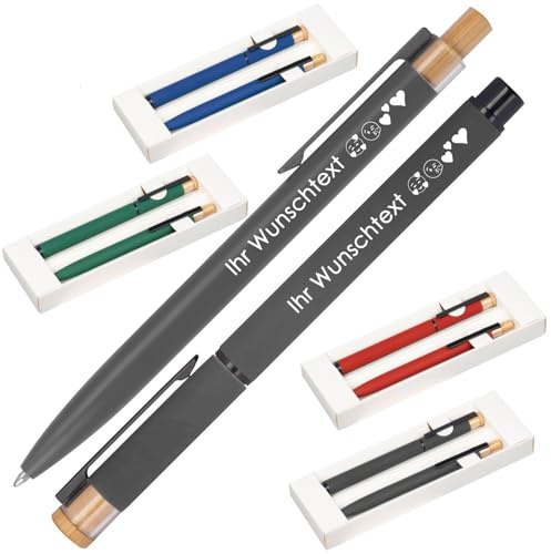 Schreibset mit Wunschgravur | Kugelschreiber und Rollerball | Bambusdrücker | recyceltes Aluminium | Blau schreibend | 4 Farben | Schriftarten | Werbekugelschreiber Gravur (Anthrazit, 1)