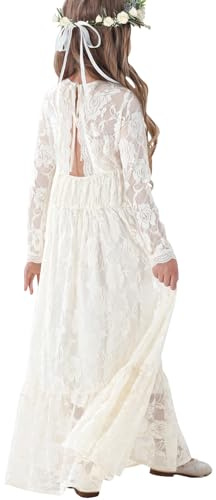 ALLOVIN Abito Maxi in Pizzo a Maniche Lunghe per Bambine e Ragazze – Abito A-Line Boho per Matrimonio, Battesimo, Prima Comunione | Avorio | 8-9 Anni