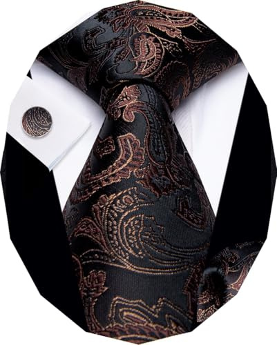 YourTies Brown Black Ties for Men Paisley Necktie Pocket Square Cufflinks