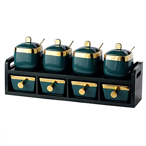 Spice Jars Sugar Bowl Set Ceramic Green Sugar Bowl Seasoning Jar with Lid and Spoon for Home and Kitchen (10 Oz) Season